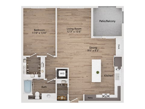 A floor plan of a home showing a bedroom, living room, dining room, kitchen, bathroom, and pantry.